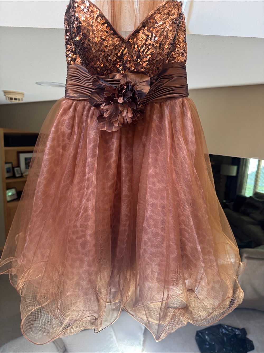 Strapless Copper Sequin Party Dress with Floral Waist Detail